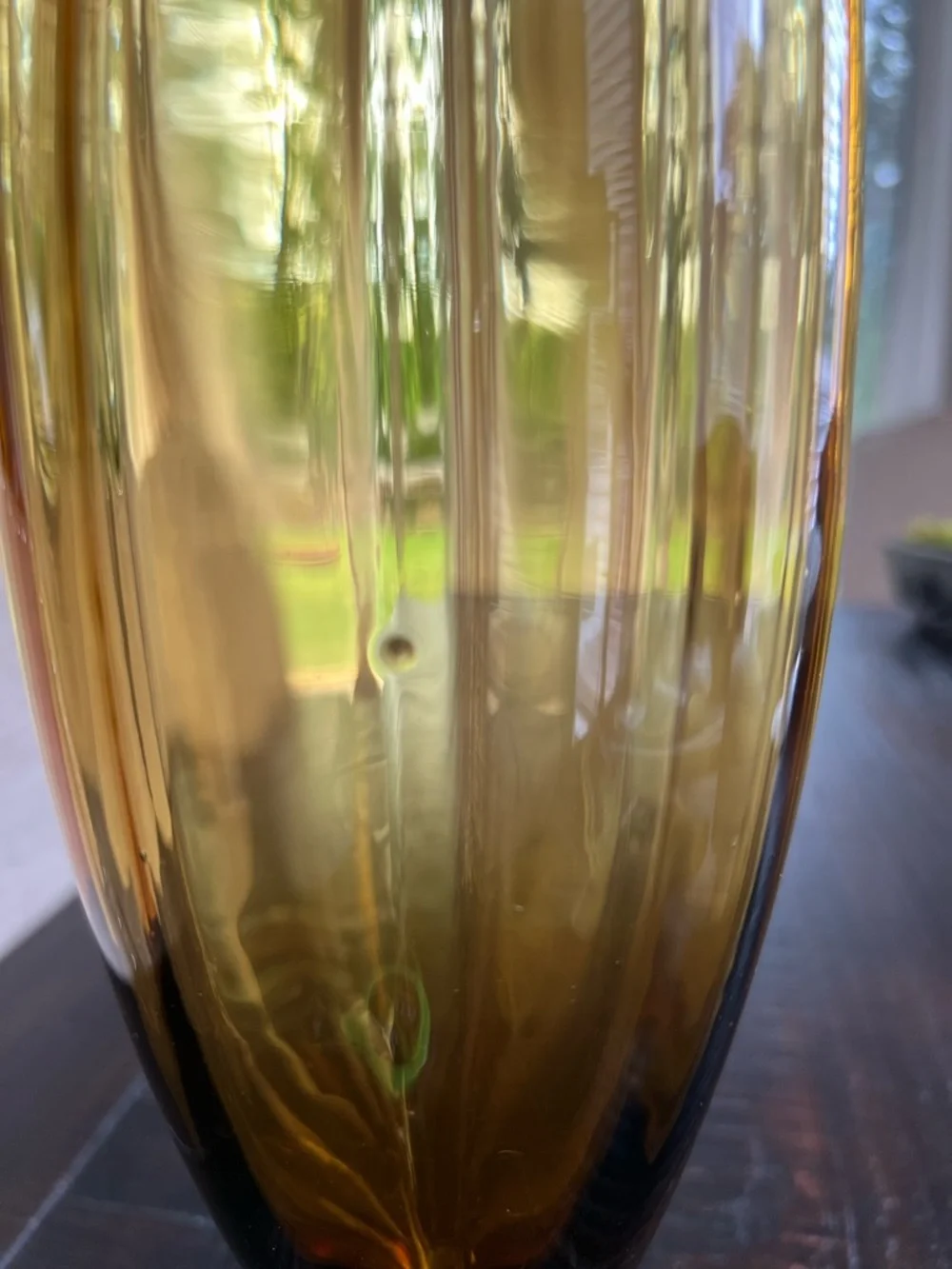 Tall Amber Glass Stem Vase 16.5” Mid Century Modern Decor Optic Panel